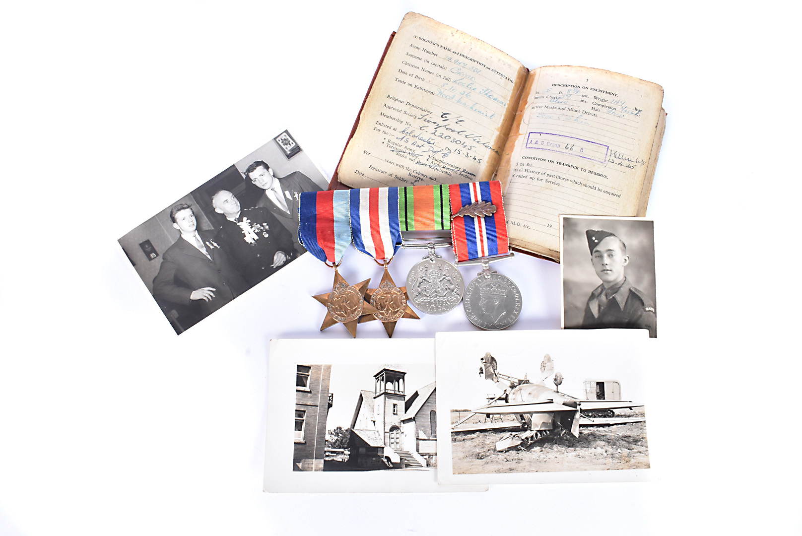 A WWII medal Group, awarded to Leslie Thomas Grego, comprising Defence and War medal with Oak