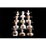 A collection of twelve crested china busts, comprising Arcadian Peeping Tom of Coventry, Arcadian