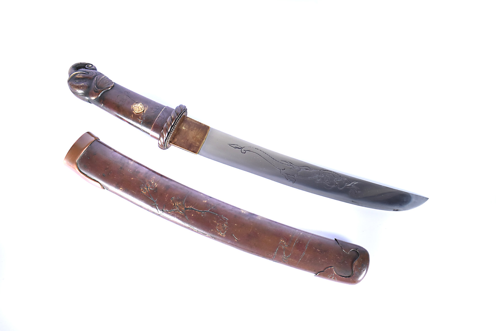 A Meiji Period one piece Tanto, having oil tempered blade, 22cm, having two Horimono of male