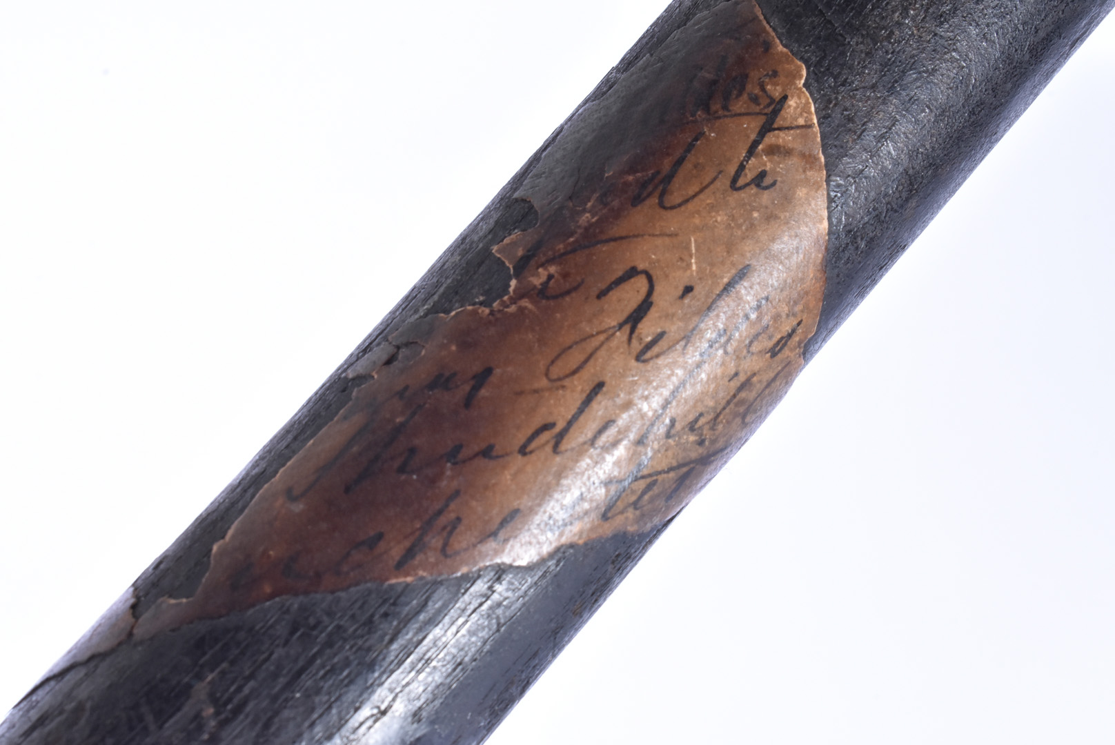 A vintage wooden truncheon, having remanence of paper label to the shaft, with hand written writing, - Image 2 of 2