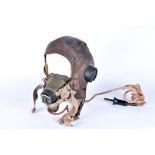 A WWII Type C leather flying helmet, with Air Ministry ear phones, complete with wiring and a Type E