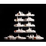 A group of ten crested ship models, comprising HMHS Anglia, Dreadnaught, HMS Canada, HMS Queen