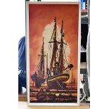 D Hughes, oil on board, depicting two dry docked galleons, 39cm x 80cm, framed