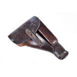 A German Browning High-Powered holster, in stiff brown leather, marked 'clg 44' under clasp