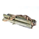 Five MG42 machine gun spare barrel transit cases, the metal cases, in green, all having carry straps