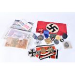 A collection of Third Reich Items, to include SS pin badge, an armband, Hitler gilt coin, various