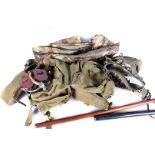 A small selection of military webbing, together with a water bottle and case, two marching stick,