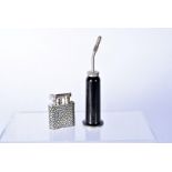 A German Sarastro white metal and shagreen lighter, marked Alpaca, together with a black lacquered
