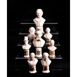 A selection of crested bust of Famous Gentlemen and Politicians, including Wordsworth, John Peel,