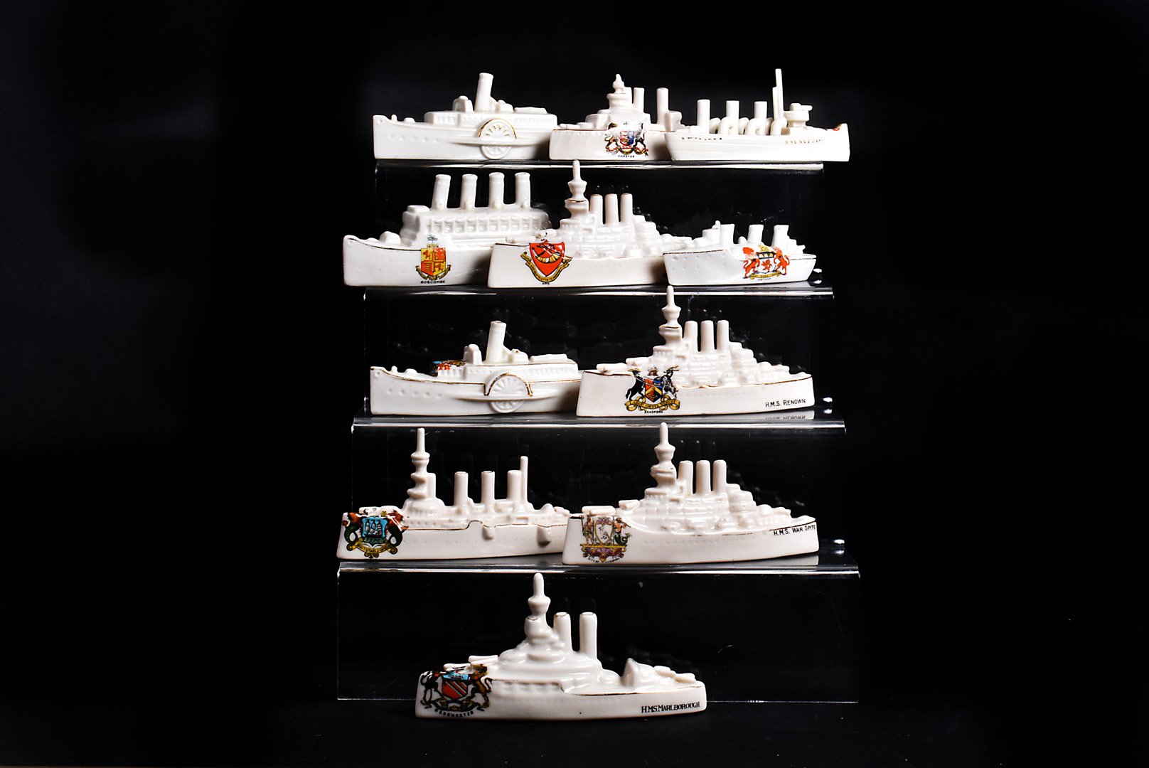 A selection of 11 crested ship models, comprising HMS War Spite (Liverpool), HMS Marlborough (
