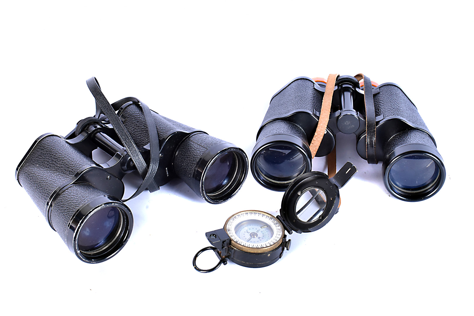 A J.H Steward Ltd pocket compass, together with a pair of modern Japanese 'Horizon' binoculars and a