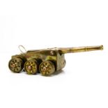 A brass and copper six wheeled signal cannon, with wooden body, covered in 3mm thick brass,
