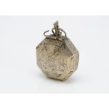 A 19th Century Middle Eastern white metal pendant container, 7.5cm high, octagonal with engraved