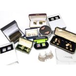 A part Art Deco gold on silver dress set, cased together with various other cufflinks and two silver