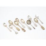 A set of five Victorian silver fiddle pattern teaspoons, together with another similar, a silver