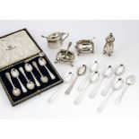 Four George V period silver cruet items, together with a set of six cased silver coffee spoons,