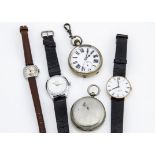 Four watches, including a Buler manual wind, appears to run, two by Avia and a Railway pocket watch,