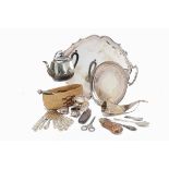 A collection of silver and silver plate and other items, including a three piece tea set, a white