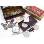 A miscellaneous lot, including several crowns, coins and medal, a Pinnacle pocket watch with