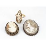 A 19th Century shell cameo gold dress ring, with carved panel of a nude female holding a flower
