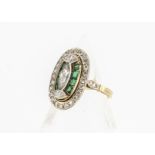 An oval yellow gold emerald and diamond Art Deco style ring, the central marquise cut diamonds