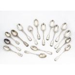 A set of nine Victorian silver fiddle and thread pattern dessert spoons by George Adams, together