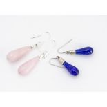 A pair of rose quartz and silver mounted ear drops, with loops, 5.5cm and a pair of Bristol blue