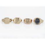 Four 9ct gold signet rings, comprising a plain form with Chinese script, ring size K, another with