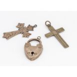 Two 9ct gold crosses, one with Chester hallmark 1896, together with a 9ct gold padlock clasp, 6.1g