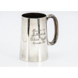 A George VI silver tankard by James Dixon & Sons, tapered with engraved inscription, 11.2 ozt, 13cm,