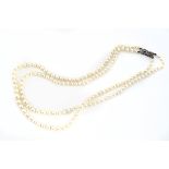 A cultured pearl and marcasite double row of pearls, of graduated form, largest 7.3mm, smallest 4.