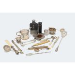 A collection of silver and silver plate and other items, including a small silver mustard, a