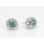 A pair of emerald and diamond 18ct white gold cluster ear studs, the oval emeralds in four claw