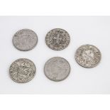 Five European coins, including an 1875 French 5 Francs, an 1872 Italian 5 Lire, A Belgium 1869 5