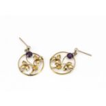 A pair of 9ct gold paste set floral circular drop earrings, of openwork design, with mauve stones,