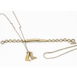 A 14ct gold flattened curb linked necklace, 2g, 9ct gold necklace with two boot pendant charms,
