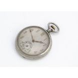 An Art Deco period open faced pocket watch, 43mm nickel case, balance wheel runs but not winding