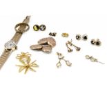 A collection of 9ct gold, including a lady's wristwatch, a Maltese cross pendant, a pair of 9ct gold