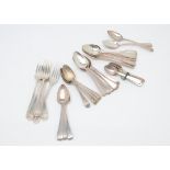 A collection of Georgian and later silver teaspoons and forks, including a set of five forks, a