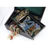 A collection of costume jewellery, including a quantity of vintage leather jewellery boxes, glass