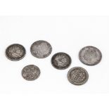Six George III coins and tokens, including an 1814 Bank Token, VF, a 1787 shilling and sixpence, and