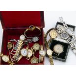 Four Deco period and later 9ct gold cased ladies wristwatches, one with a 9ct gold strap, together