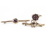 A garnet 9ct gold cluster ring, ring size N, together with a garnet 9ct gold bar brooch with steel