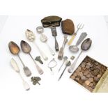 A collection of silver and silver plate and coins, including a silver berry tablespoon, a