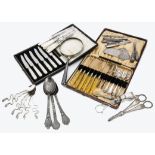 A small collection of silver and silver plate, including a part silver handled manicure set, a