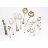 Thirteen items of Georgian and Victorian silver flatware, including two dessert spoons, a dinner