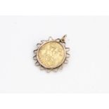 An Edward VII gold half sovereign, dated 1908, presented in a 9ct gold pendant mount, 5.2g