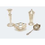 Four items of Art Deco and later silver, including a sugar sifter, a flower head bowl, a sifter