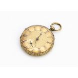 A late 19th Century continental yellow metal open faced pocket watch, 39mm, gilt dial, enamel