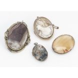 A 19th Century moss agate and base metal oval locket, together with a shell cameo brooch in gold